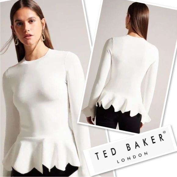 Ted Baker London Tops - Ted Baker Lillyyy Fitted Peplum Top Ivory Long Sleeve Knit Stretch 3 US 8-10 NEW